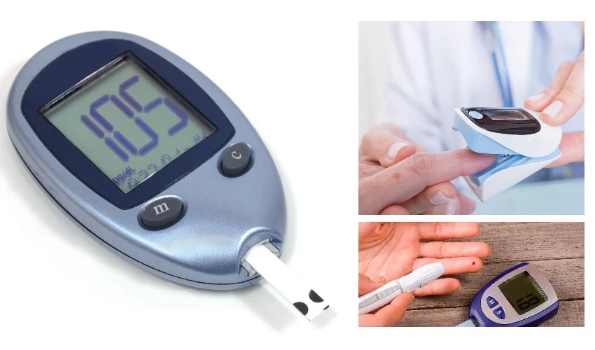 A handheld glucose meter displaying a blood sugar reading.